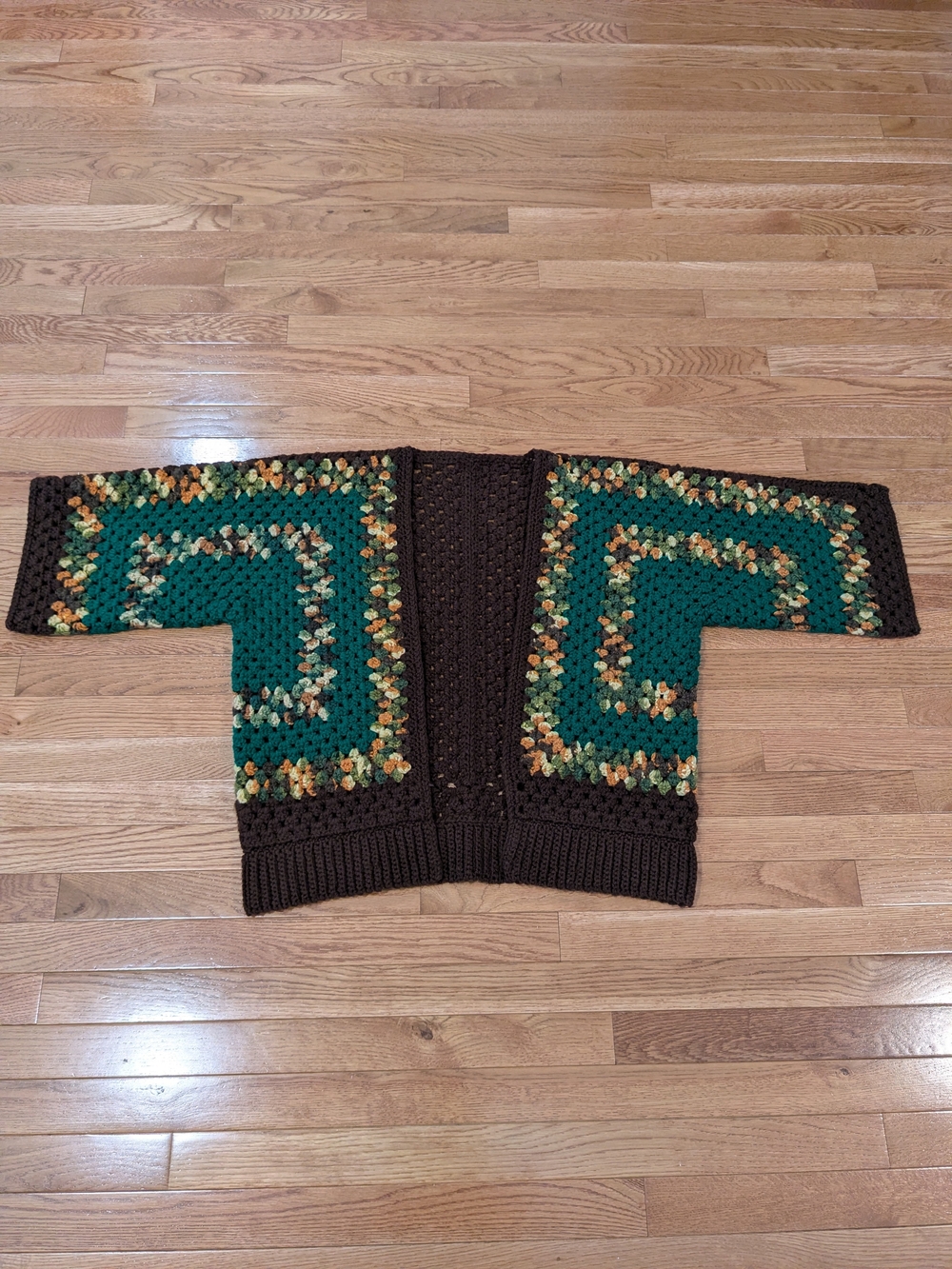 Handmade Brown and Green Granny Knit Hexagon Cardigan Sweater